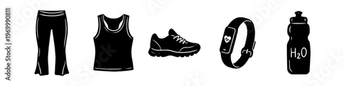 Set of flat black icons of fitness equipment and workout apparel, including leggings, tank top, sneaker, fitness tracker, and water bottle, isolated on a white background.