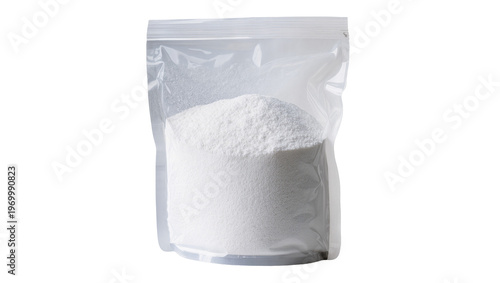 Photos Clear plastic resealable pouch, filled with fine white powder granules
