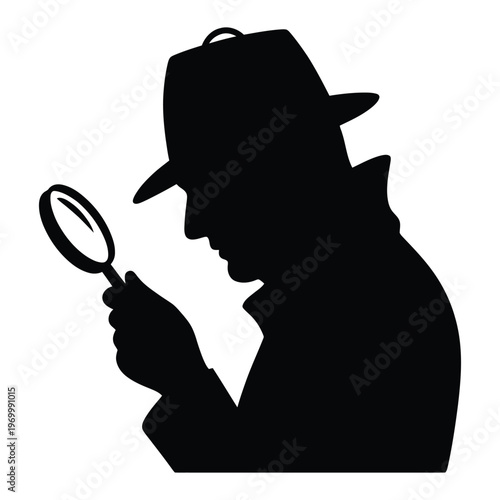 A detective examines clues with a magnifying glass black silhouette