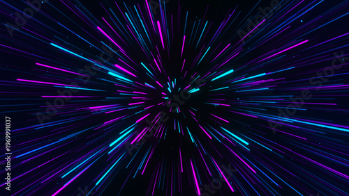 A dynamic abstraction with neon beams radiating from the center creates the effect of rapid movement through space. Suitable for technology design or graphic theme animation.