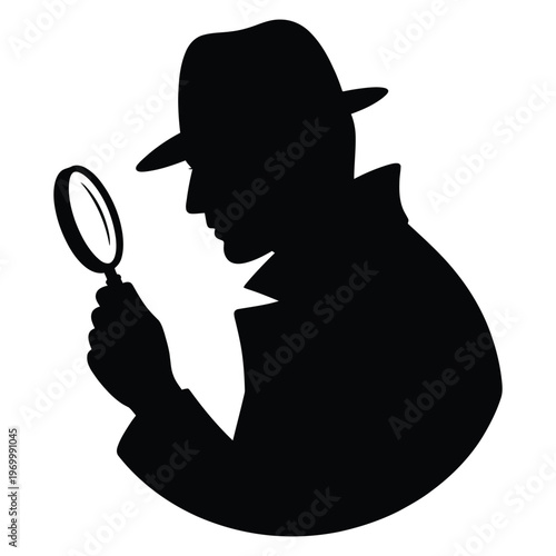 A detective examines clues with a magnifying glass black silhouette
