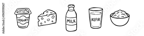 Hand-drawn line art illustrations of dairy products including yogurt, cheese, milk bottle, kefir glass, and cottage cheese bowl. Minimalist black and white doodle style banner.