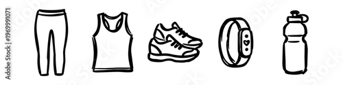 Set of hand-drawn fitness and workout gear icons including leggings, tank top, sneakers, fitness tracker, and water bottle. Minimalist black line art on white background.