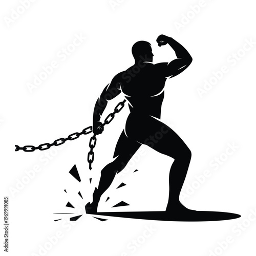 Muscular man breaking chains demonstrating strength and freedom silhouette