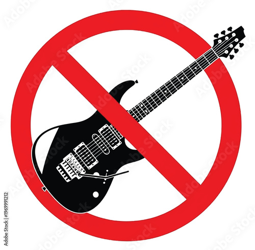 No electric guitar sign. Silhouette of a black guitar inside a red prohibition symbol, isolated on white. Concept for noise control, music ban, or quiet zones.