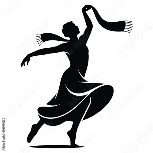 Elegant flamenco dancer gracefully poses with a flowing shawl silhouette