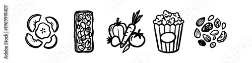 Hand-drawn black and white icons of healthy snacks like fruit, granola bars, vegetables, popcorn, and nuts. Perfect for nutrition, food, and wellness designs.