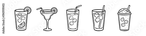 Hand-drawn line art illustrations of refreshing summer drinks, cocktails, and juices with ice cubes and straws, isolated on white. Perfect for cafe menus, bar signs, and refreshment branding.
