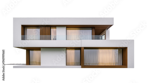 Modern geometric house facade featuring wood accents large windows, and cantilevered design
