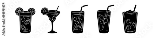 Collection of black silhouette icons featuring various cocktails and cold drinks with ice, straws, and citrus garnishes. Minimalist hand-drawn style design elements on white background.