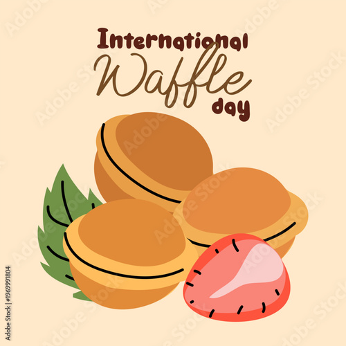 Flat illustration of traditional walnut-shaped cookies with strawberry and mint for International Waffle Day celebration. Tasty sweet dessert greeting card design on beige background