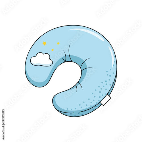A blue crescent pillow with a cloud, stars, and dots