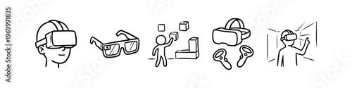 Hand-drawn icon set featuring virtual reality headsets, smart glasses, and human figures interacting with 3D environments. Minimalist black line art for VR, AR, and metaverse concepts.