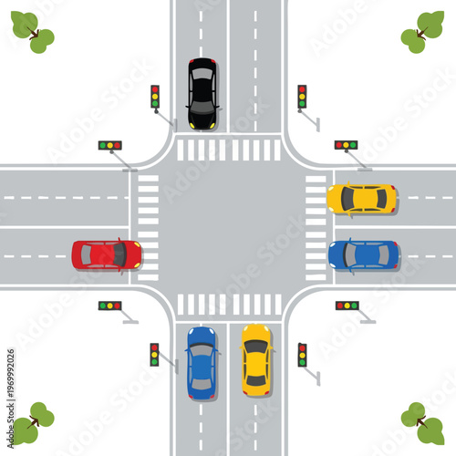Top-down view of an intersection with six cars, traffic lights, and crosswalks