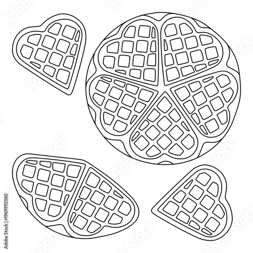 Flat contour illustration of various heart-shaped waffles and a round waffle composed of hearts. Vector line art set for coloring book, bakery menu or romantic icon design. Isolated on white