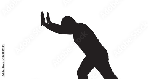 Invisible Wall Interaction Silhouette vector illustration portraying a determined male silhouette pushing against an unseen barrier with immense effort, symbolizing struggle, perseverance, challenge.