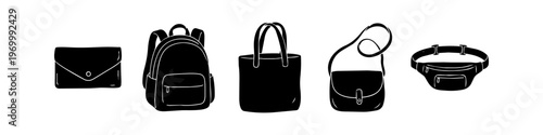 Set of black silhouette bag icons including backpack, tote, clutch, messenger bag, and fanny pack on a white background. Minimalist vector illustration for fashion and travel concepts.