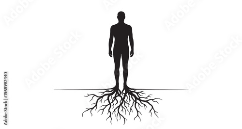 Human Growing Roots Silhouette conceptual vector illustration depicting a human silhouette firmly rooted to the ground, symbolizing deep connection, stability, growth, and inner strength.