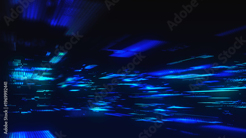 A futuristic high-tech background with a digital pixel matrix pattern on a blue background. A data stream or a futuristic map of a technological network. 