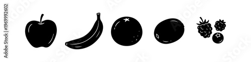 Set of minimalist fruit silhouettes including apple, banana, orange, kiwi, and berries. Black vector icons isolated on a white background for food, health, and nutrition designs.
