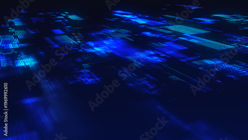 A futuristic high-tech background with a digital pixel matrix pattern on a blue background. A data stream or a futuristic map of a technological network. 