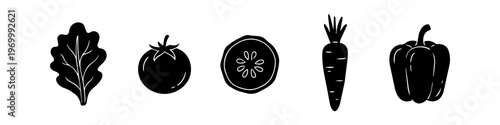 Collection of minimalist hand-drawn vegetable silhouettes including lettuce, tomato, cucumber slice, carrot, and bell pepper. Vector icons for healthy food menus and organic branding.