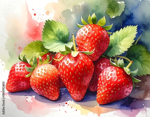 Watercolored red strawberries with green leaves on a soft, colorful background