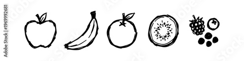 Hand-drawn black and white fruit sketches including apple, banana, orange, kiwi, and berries. Minimalist vector doodle icons on a white background for organic food and health design projects.