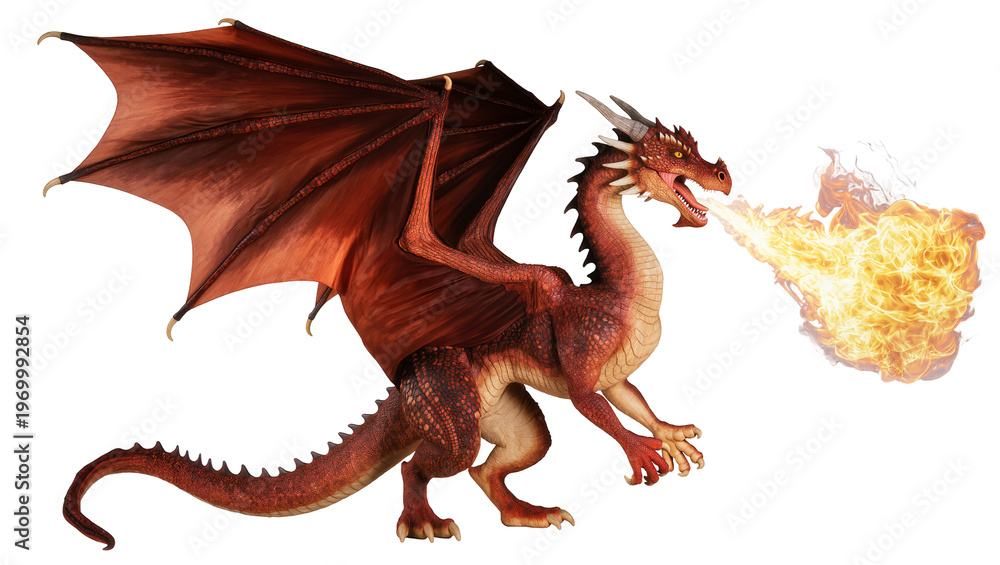 Obraz premium Red scaled dragon breathing orange fire, displaying large leathery wings and sharp claws