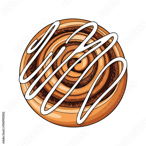 Swirled pastry with cinnamon filling and white icing drizzle on a white background