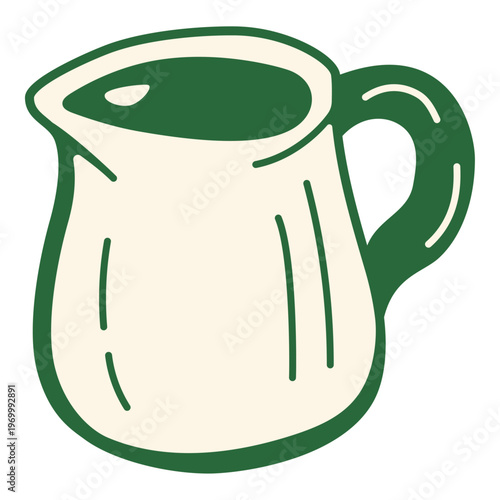 Milk pitcher in a hand-drawn style. Coffee milk pitcher for steaming and pouring milk, essential coffee tool for latte and cappuccino preparation.