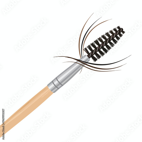 Wooden handled brush with silver metal ferrule and dark bristles, some hairs attached