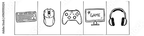 Hand-drawn doodle set of gaming gear including keyboard, mouse, gamepad, monitor, and headphones. Black and white minimalist line art banner for gaming, esports, and tech concepts.