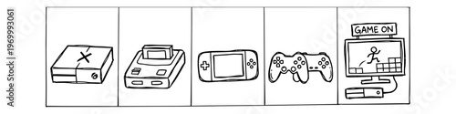 Hand-drawn doodle series showcasing video game history, including retro consoles, handheld devices, controllers, and a gaming setup with a TV screen and platformer game.