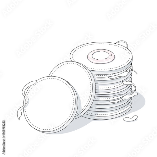 Stack of round cotton pads with thin ribbons, white and grey tones