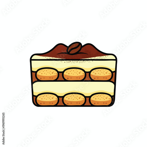 A slice of tiramisu dessert with cream, ladyfingers, and cocoa dusting