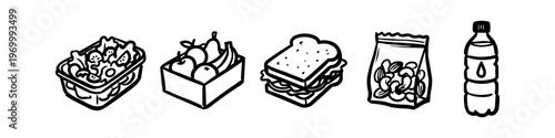 Hand-drawn doodle set of healthy food icons including salad, fresh fruit, sandwich, nut snacks, and a water bottle. Black and white line art for meal prep, school lunch, and picnic concepts.