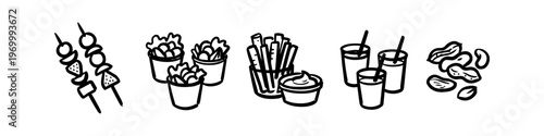 Hand-drawn doodle set of snacks including skewers, salad cups, french fries with dip, drinks, and nuts. Minimalist black and white vector illustration for food menus and party themes.