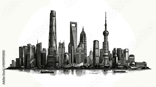 A detailed black and white sketch of the Shanghai skyline, showcasing its iconic skyscrapers and waterfront.