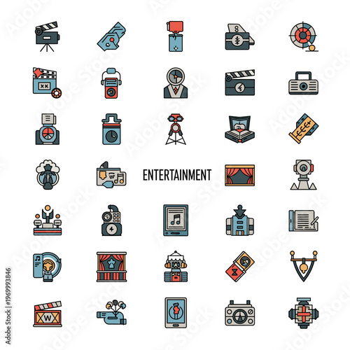 A set of colorful film production icons on a white background, conveying creativity and professionalism in the film industry.