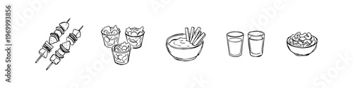 Hand-drawn party snack and drink illustrations in black and white line art, featuring skewers, dips, appetizers, glasses, and a bowl of nuts, ideal for catering menus and social events.