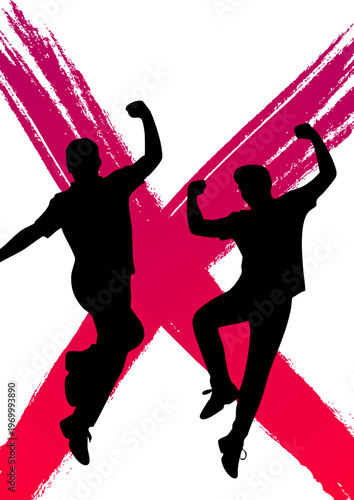 Jumping Friends Silhouette, Dynamic Duo Celebration Pose, Energetic Teamwork Jump Design, Abstract Victory Silhouette Background