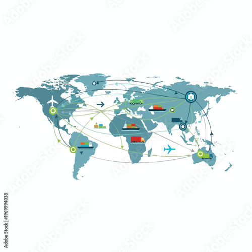 Global logistics network connecting continents with various transport modes