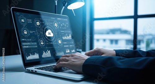 Person working on laptop with cloud computing and data management interface.