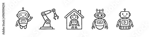 Set of minimalist hand-drawn robot doodle icons. Features industrial arm, smart home robot, and cute AI characters in black line art style, perfect for tech, automation, and futuristic concepts.
