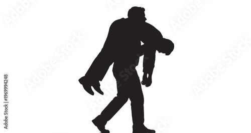 Human Carrying Own Shadow Silhouette vector graphic illustration depicting a strong individual carrying another person over their shoulder, creating a stark silhouette design.