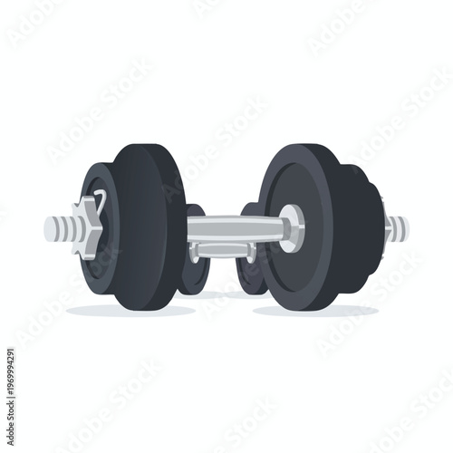 A detailed illustration of a pair of adjustable dumbbells with silver grips and black weights