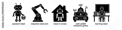 Set of five black and white robot icons featuring an assistant with a basket, an industrial arm, a domestic home robot, an autonomous sensor-equipped vehicle, and an educational student robot.