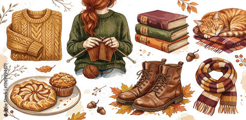 Watercolor autumn collection Cozy knitwear, warm boots, books, baked goods, and a sleeping cat with fall leaves, evoking comfort and seasonal charm