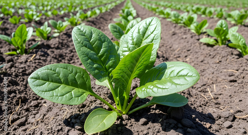 Fresh green spinach plants grow on farmland in neat rows on land with healthy soil under the sunlight